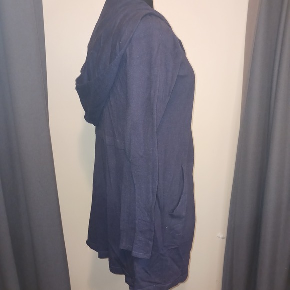 Cyrus Navy Blue Hooded Open Front Cardigan Sweater Longline Pockets Womens M - Picture 2 of 5